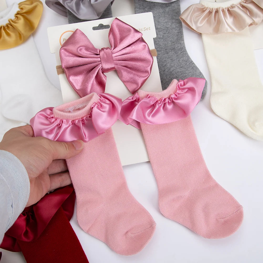 Baby Ruffle Socks & Hair Bow Headband Set — Cotton, Pack of 3