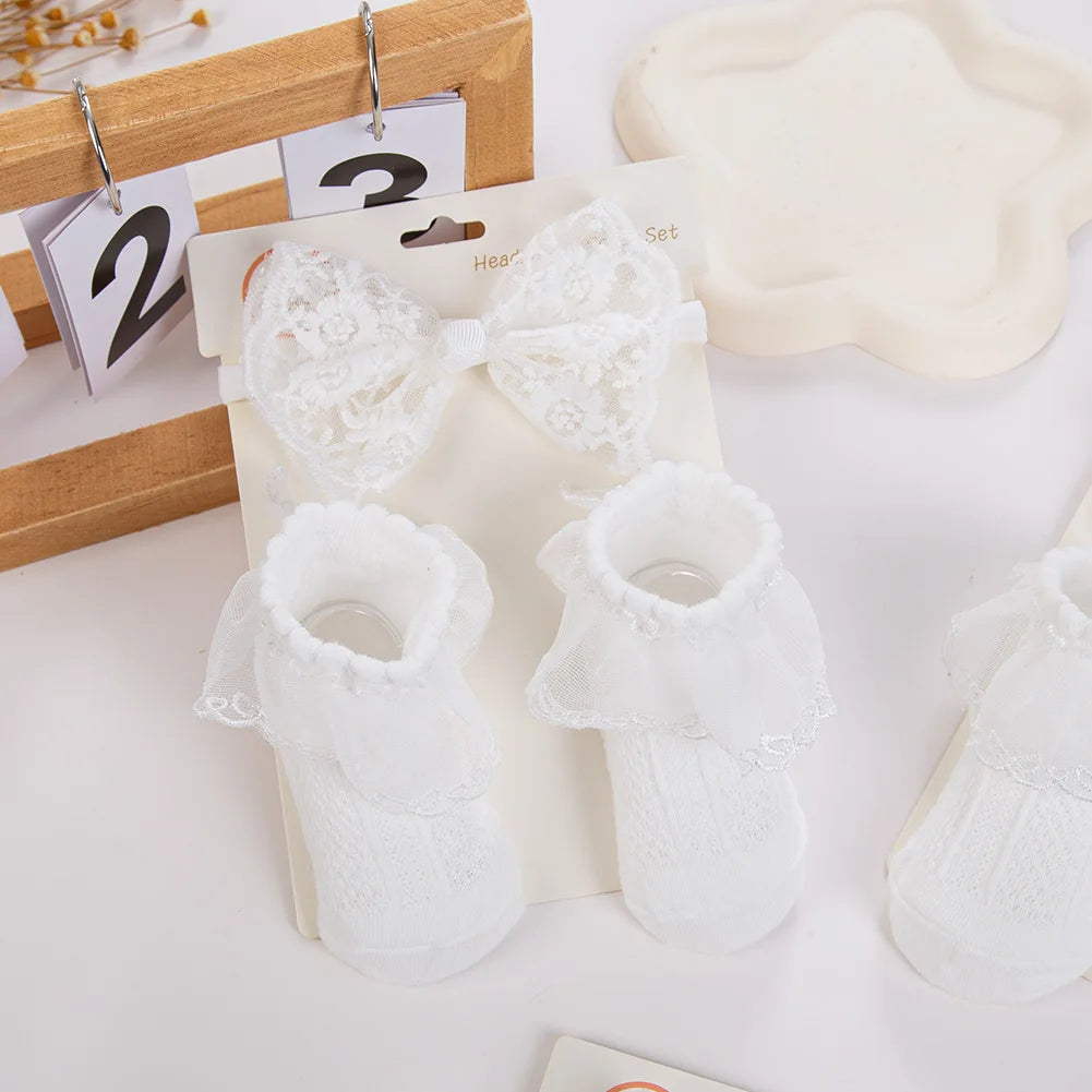 White Christening Lace Headband & Ruffle Socks Set — 3 Piece