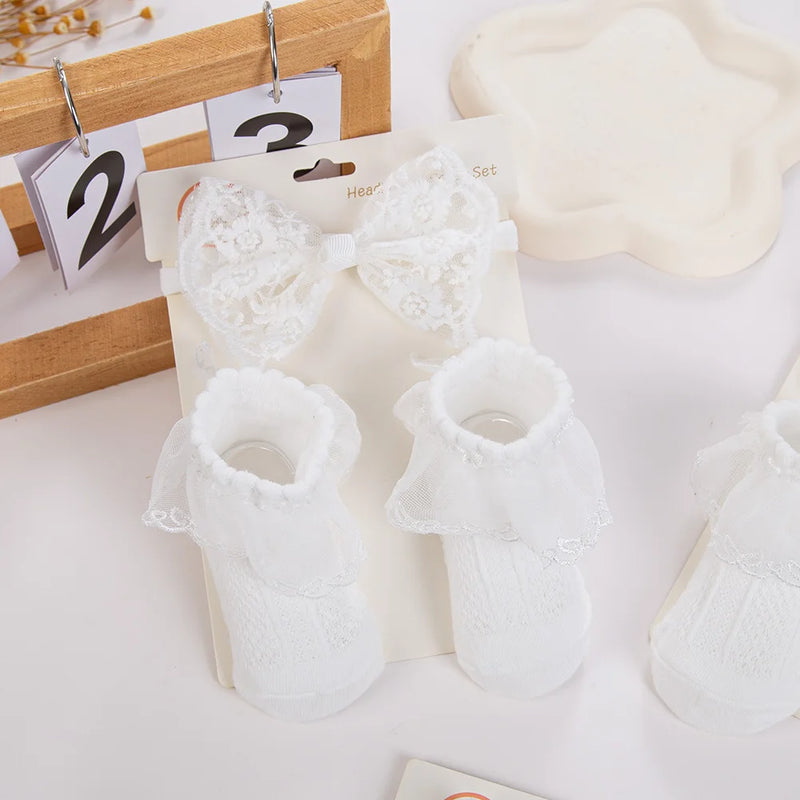 White Christening Lace Headband & Ruffle Socks Set — 3 Piece