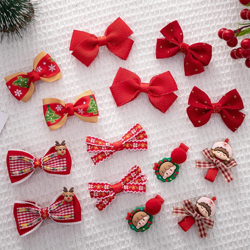 2PCS Christmas Hairgrips New Year Red Hair Bows Clips Set Ribbon Snowflake Little Girls Resin Hairpins