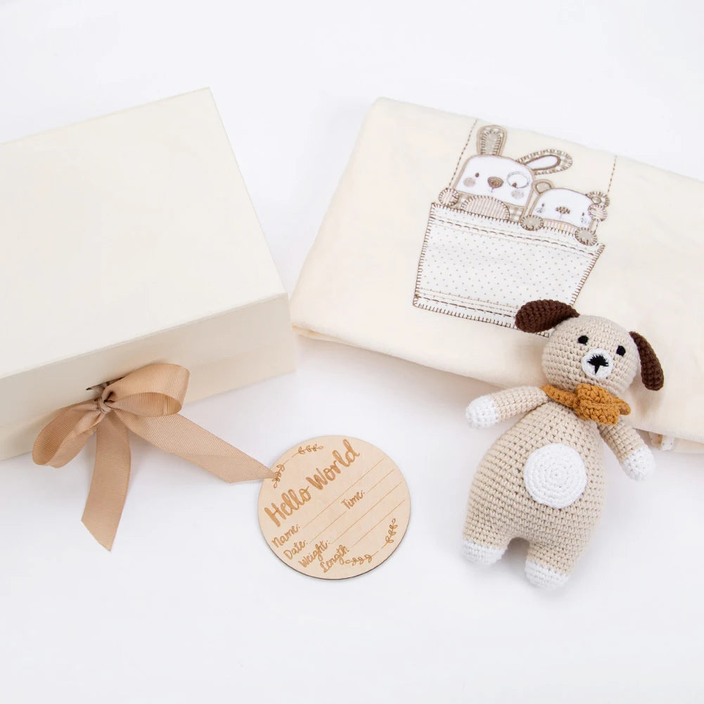 Crocheted Puppy Newborn Blanket Gift Set — Floral Cotton