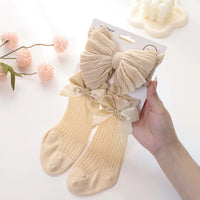 3Pcs/Set Solid Color Hair Bow Baby Headbands Lace Cotton Bows Long Knee Lace Eyelet Socks Set for Baby Girls 0-12M