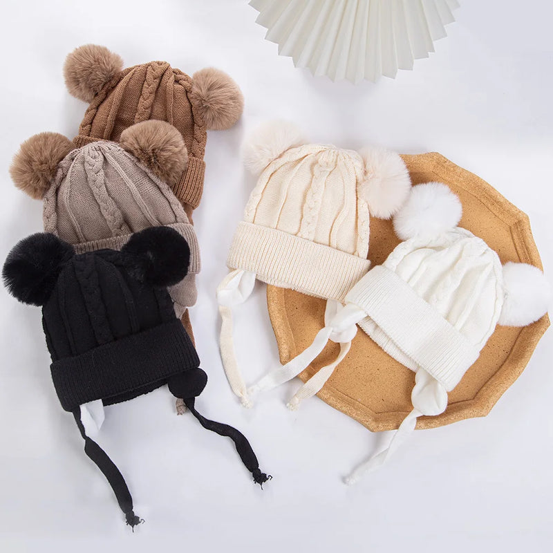 Baby Knitted Pom Pom Beanie — Ear Flap, Unisex 0–3Y