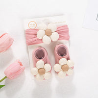 2pcs Vintage Ivory Flowers Cable Knit Nylon Headbands Latte Flower Ribbed Socks Set Spring Autumn Baby Shoes Wholesale Kids'