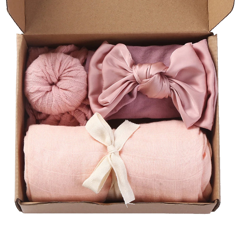3Pcs Baby Bamboo Cotton Swaddle Blanket Nylon Headband Knit Turbans for Children Brand New Polyester Cotton With Packing Box
