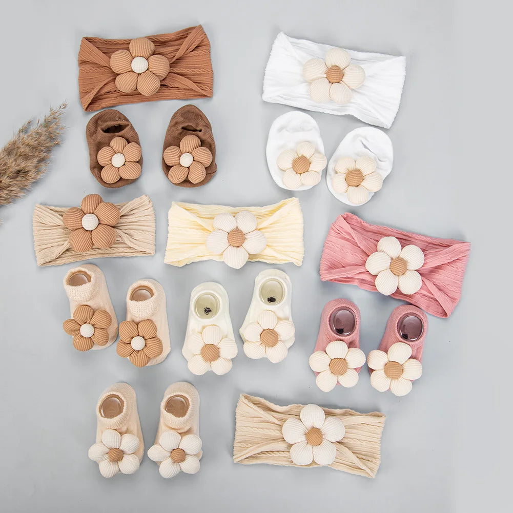 2pcs Vintage Ivory Flowers Cable Knit Nylon Headbands Latte Flower Ribbed Socks Set Spring Autumn Baby Shoes Wholesale Kids'