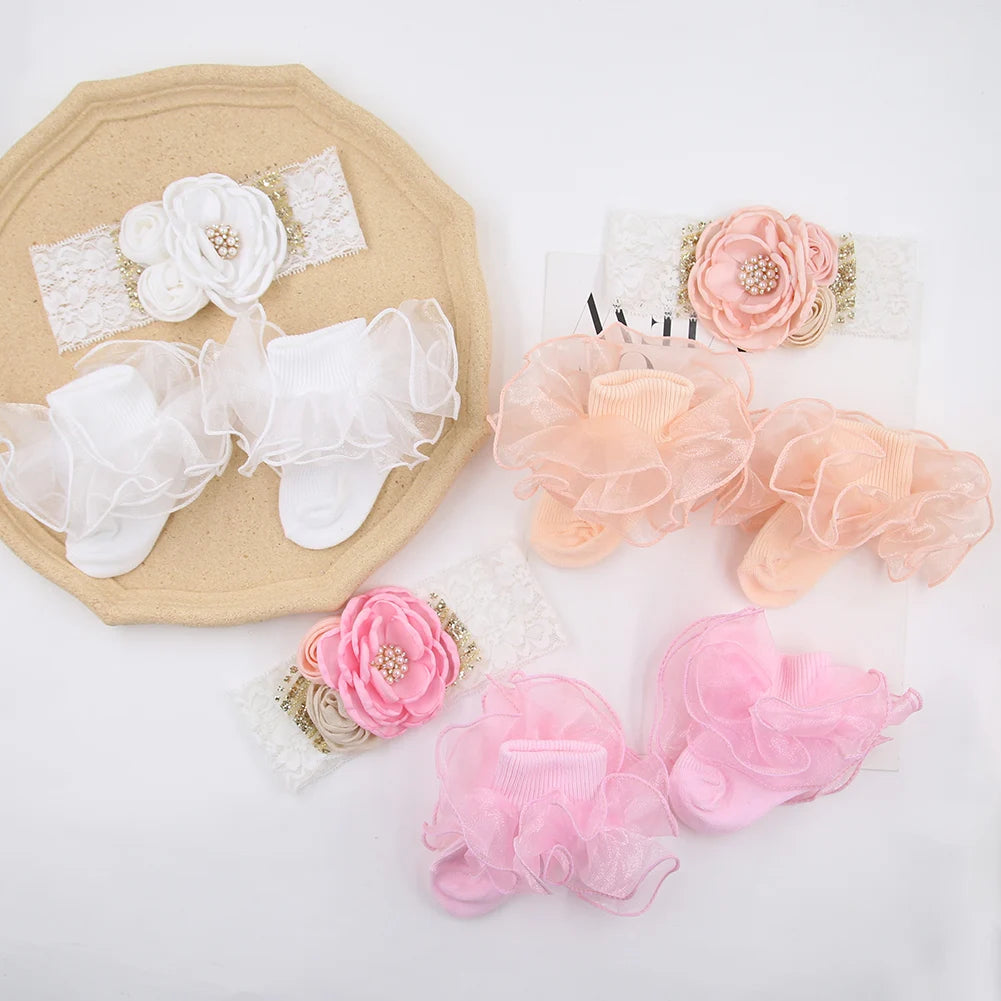 Hot Selling Newborn Floral Photography Props Soft Elastic Hair Band Casual Knitted Pearl Rhinestone Lace Headbands Socks Set