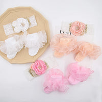 Hot Selling Newborn Floral Photography Props Soft Elastic Hair Band Casual Knitted Pearl Rhinestone Lace Headbands Socks Set