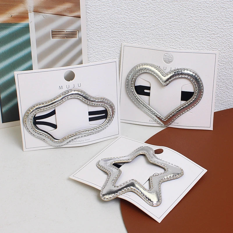 Silver Star & Heart BB Hair Clip for Women – PU Leather Designer Hairpin