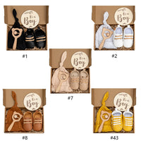 4 Pcs/Set Newborn Boys Shoes Beanie Gifts Sets  Beech Wood Rattles Toys Combination Factory Direct Customized