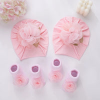 2Pcs/Set Baby Girl Pink Gauze Petal Flowers Turban Beanie with Girl Princess 0-12M Mesh Flower Cotton Socks Set