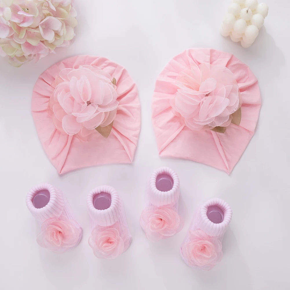 2Pcs/Set Baby Girl Pink Gauze Petal Flowers Turban Beanie with Girl Princess 0-12M Mesh Flower Cotton Socks Set