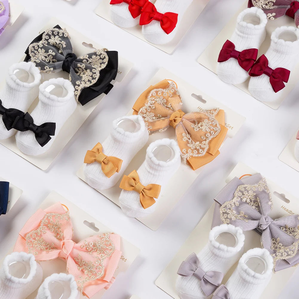 Baby Gold Thread Lace Ribbon Bow Headband and Sock Set Luxurious Baby Gift Including Comfy Socks