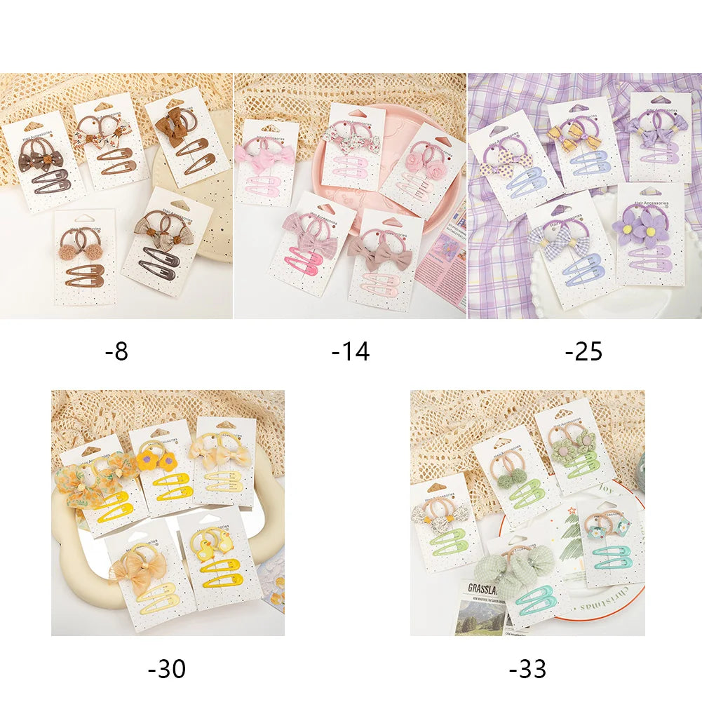 5Sets/Group Simple Sweet Lovely Simple Hair Ties Rubber Band with Drop BB Hair Clips Set Hair Accessories for Kids Girls
