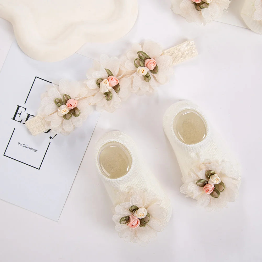 Nylon Princess Luxury Florals Baby Headband Socks Knitted Dress Set Anti-Slip Cotton Accessories Breathable Spring