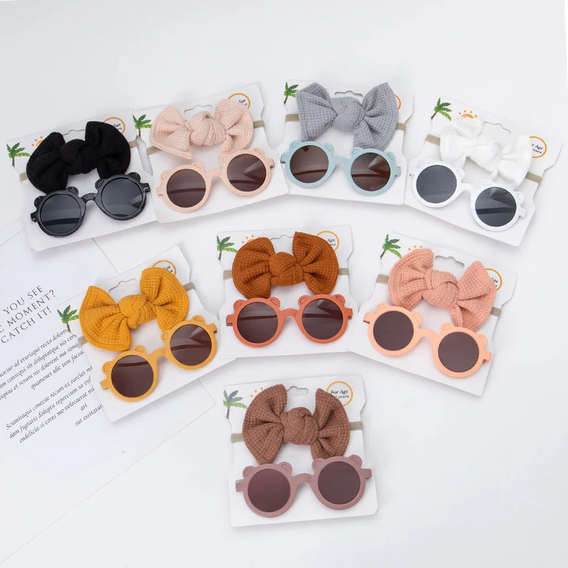 Kids Bear Sunglasses Headbands Sets Beach Waffle Bowknot Hairband Glasses Combination Cute Baby Photography  Accessories