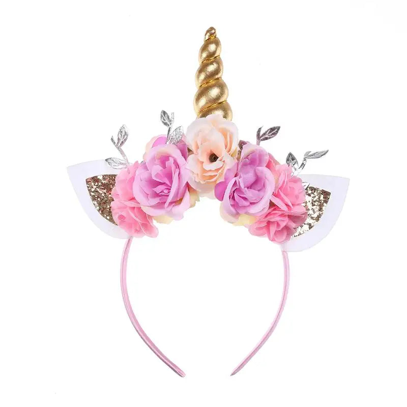 Gold Unicorn Horn Headband Floral Crown Hair Band for Kids Baby Girl Hair Accessory Photo Prop