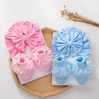 2Pcs/Set Solid Cotton Big Bow Hat Baby Kids Soft Comfortable Turban with Flower Socks Head Wraps Toddler Accessories