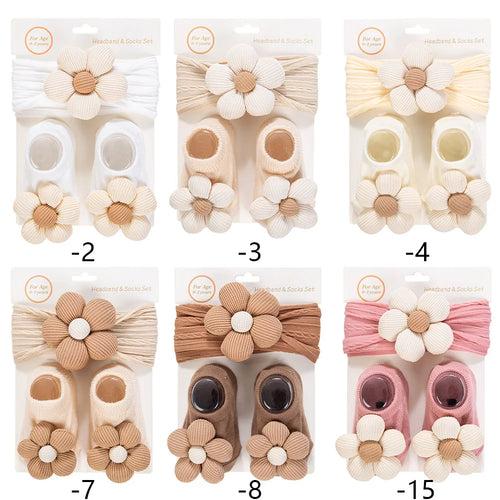 2pcs Vintage Ivory Flowers Cable Knit Nylon Headbands Latte Flower Ribbed Socks Set Spring Autumn Baby Shoes Wholesale Kids'