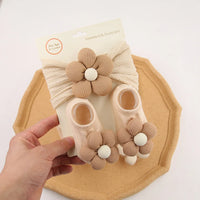 2pcs Vintage Ivory Flowers Cable Knit Nylon Headbands Latte Flower Ribbed Socks Set Spring Autumn Baby Shoes Wholesale Kids'