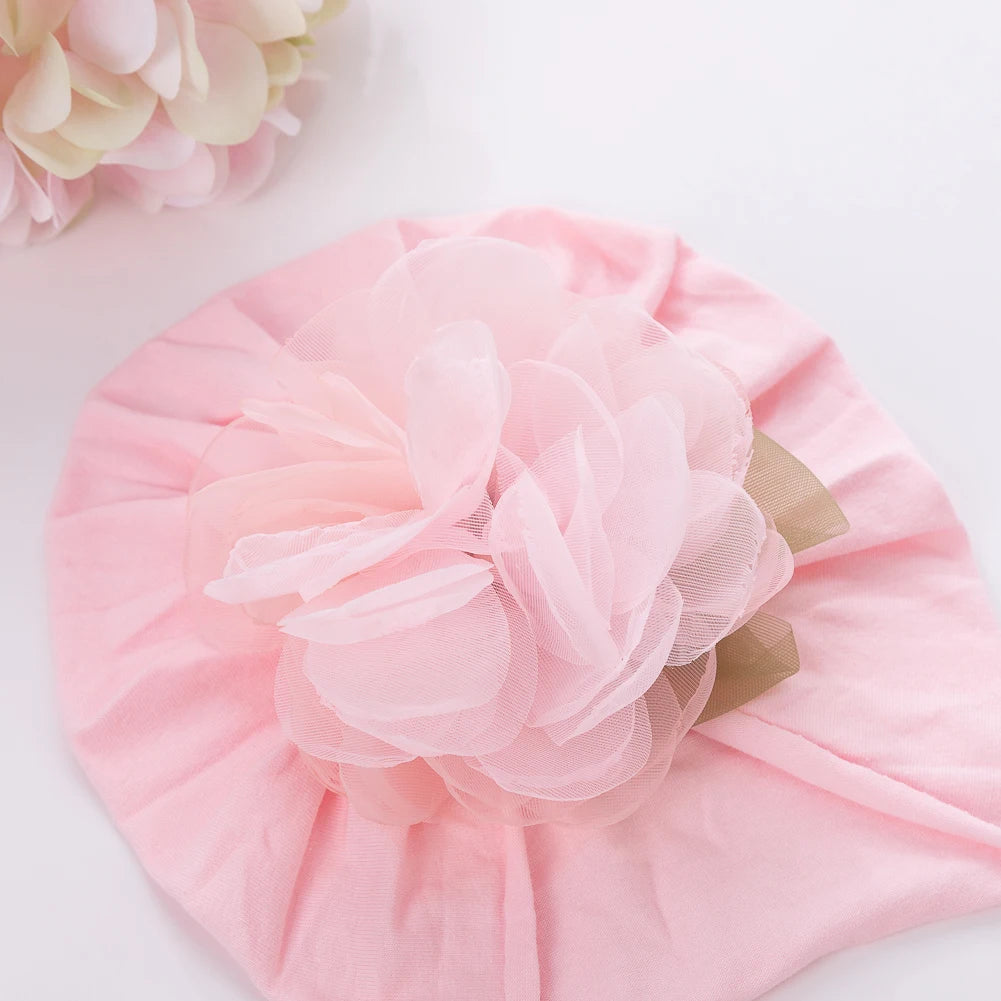 2Pcs/Set Baby Girl Pink Gauze Petal Flowers Turban Beanie with Girl Princess 0-12M Mesh Flower Cotton Socks Set