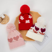 Kids Heart Pattern Pom Pom Beanie — Knitted, Girls 3–6Y