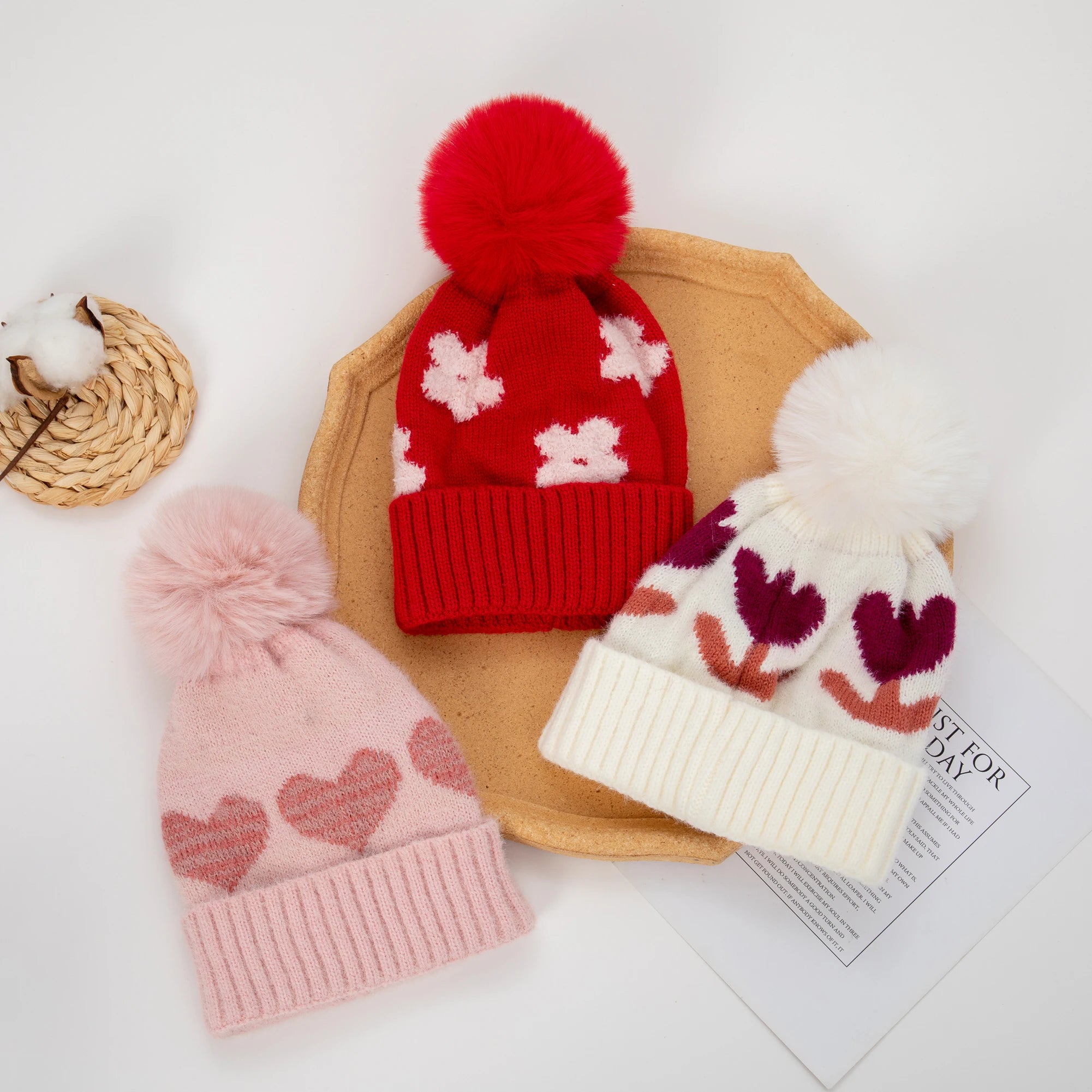 Kids Heart Pattern Pom Pom Beanie — Knitted, Girls 3–6Y