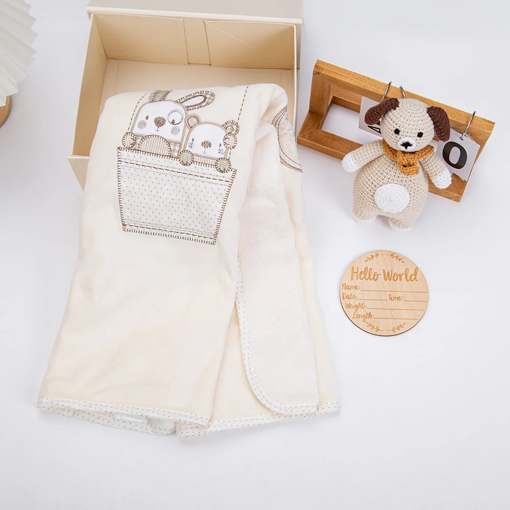 Crocheted Puppy Newborn Blanket Gift Set — Floral Cotton