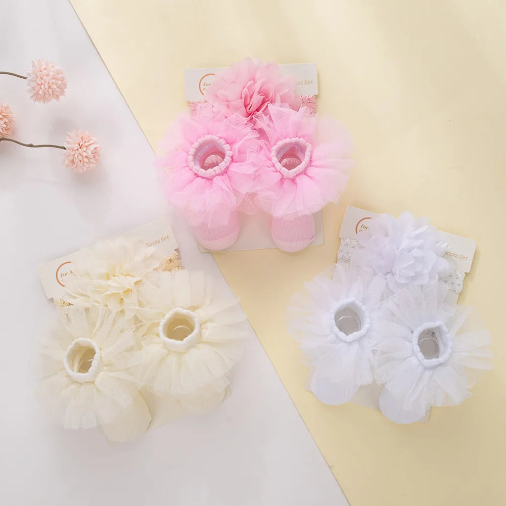 2Pcs/Set 0-12M Chiffon Flower Bowknot Headband With Tulle Trim Cotton Socks Set Baby Girl Hair Accessories