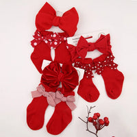 Christmas New Year Red Bow Headbands Set With Super Soft Cotton Knitted Socks for Babies and Sweet Girls Wholesale
