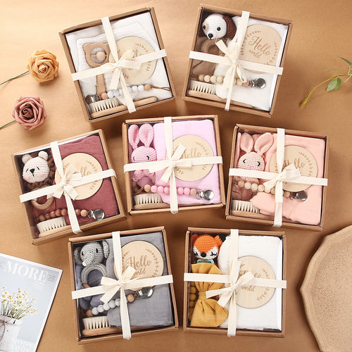 6pcs Animal Rattles Gift Box New Design Wooden Crochet Lion Bells Music Teething Bracelet Pacifier Dummy Clips Baby Products Toy