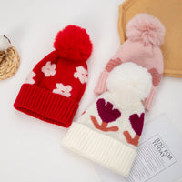 Kids Heart Pattern Pom Pom Beanie — Knitted, Girls 3–6Y