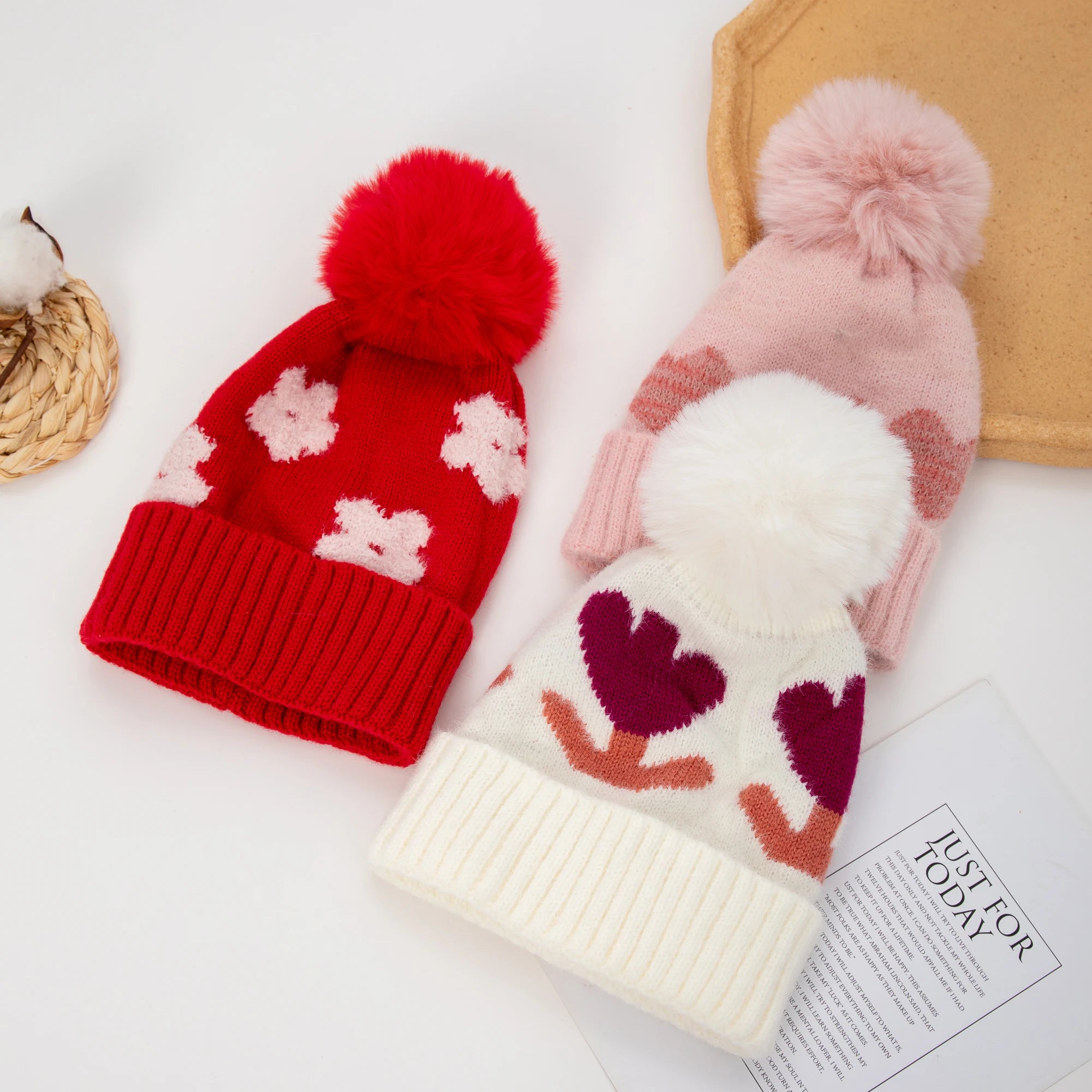 Kids Heart Pattern Pom Pom Beanie — Knitted, Girls 3–6Y