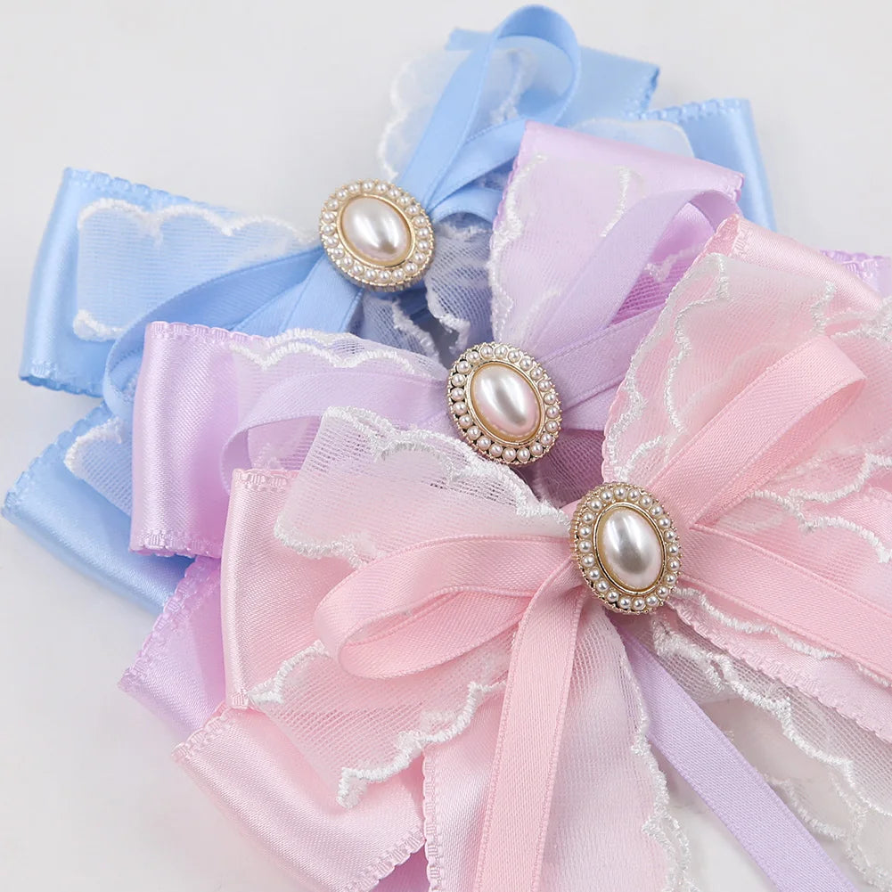 New Fashion Boutique DIY Baby Girl Vintage Ribbon Lace Hair Clips School Uniform Bow Pearl Wedding Party Girl Hair Pin