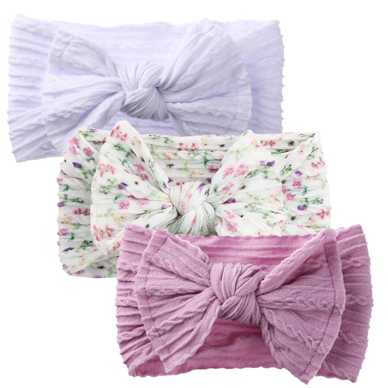 3Pcs/Set Braided Jacquard Floral Printed Soft Nylon Headband High Stretch Hairband Hair Bows Baby Girls Princess Hair Band