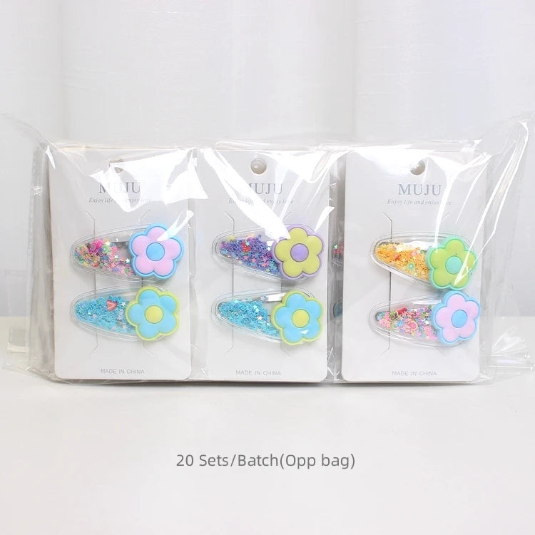 Candy Colour Quicksand Hair Clips for Kids – Transparent Cartoon Bowknot Hairpins (2 Pairs)