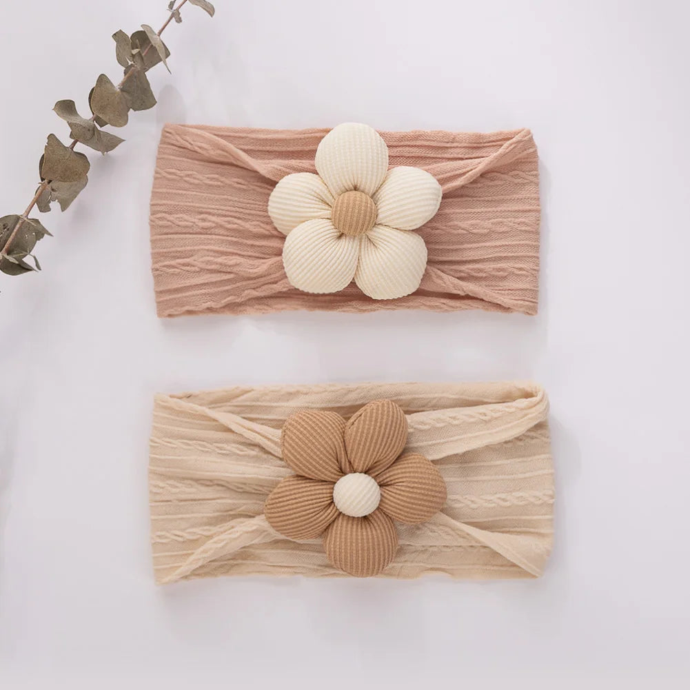 Baby Girls Elastics Headwraps Soft Nylon Latte Flower Cable Knit Headbands Bow Knot Daisy Hairbands for Toddlers