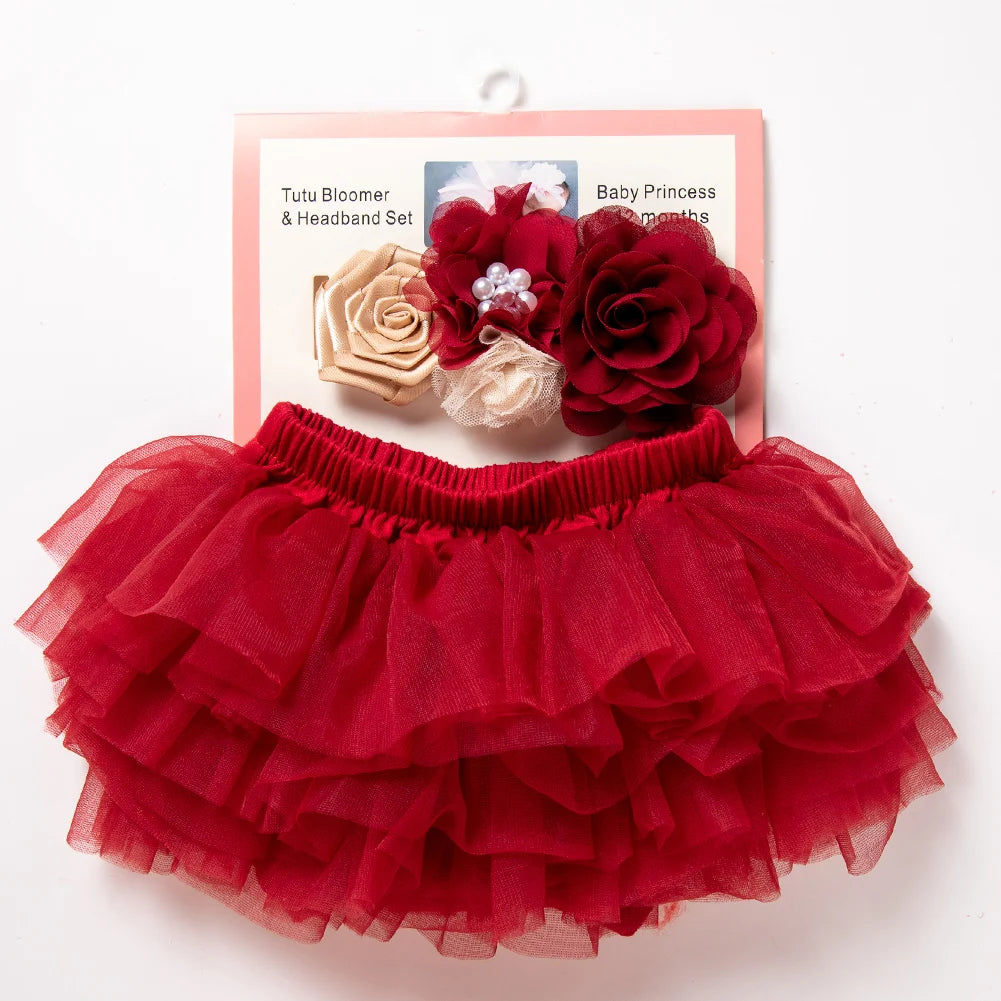 3Pcs Wine Red Super Soft Chiffon Tutu Bloomers with Baby Flower Vintage Headband Socks Set Newborn Photography Props