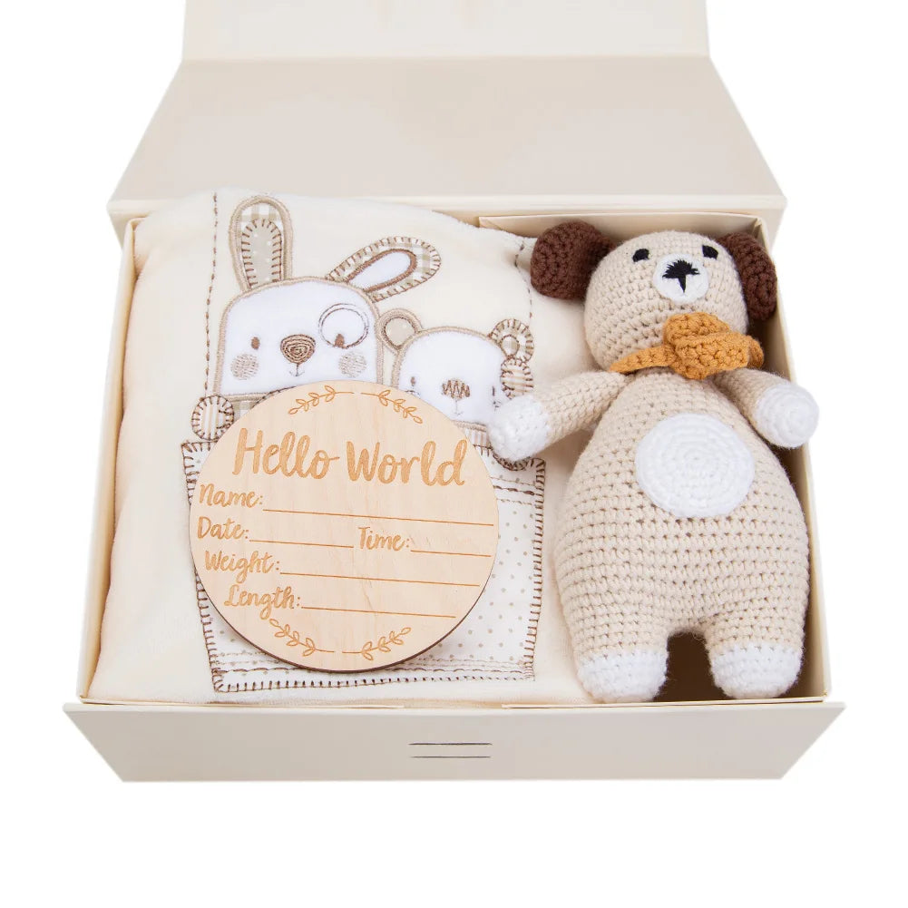 Crocheted Puppy Newborn Blanket Gift Set — Floral Cotton