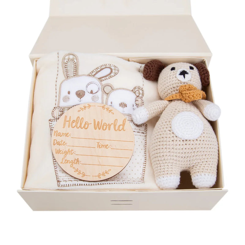 Crocheted Puppy Newborn Blanket Gift Set — Floral Cotton