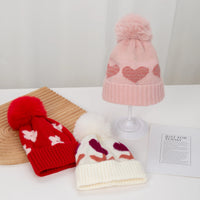 Kids Heart Pattern Pom Pom Beanie — Knitted, Girls 3–6Y