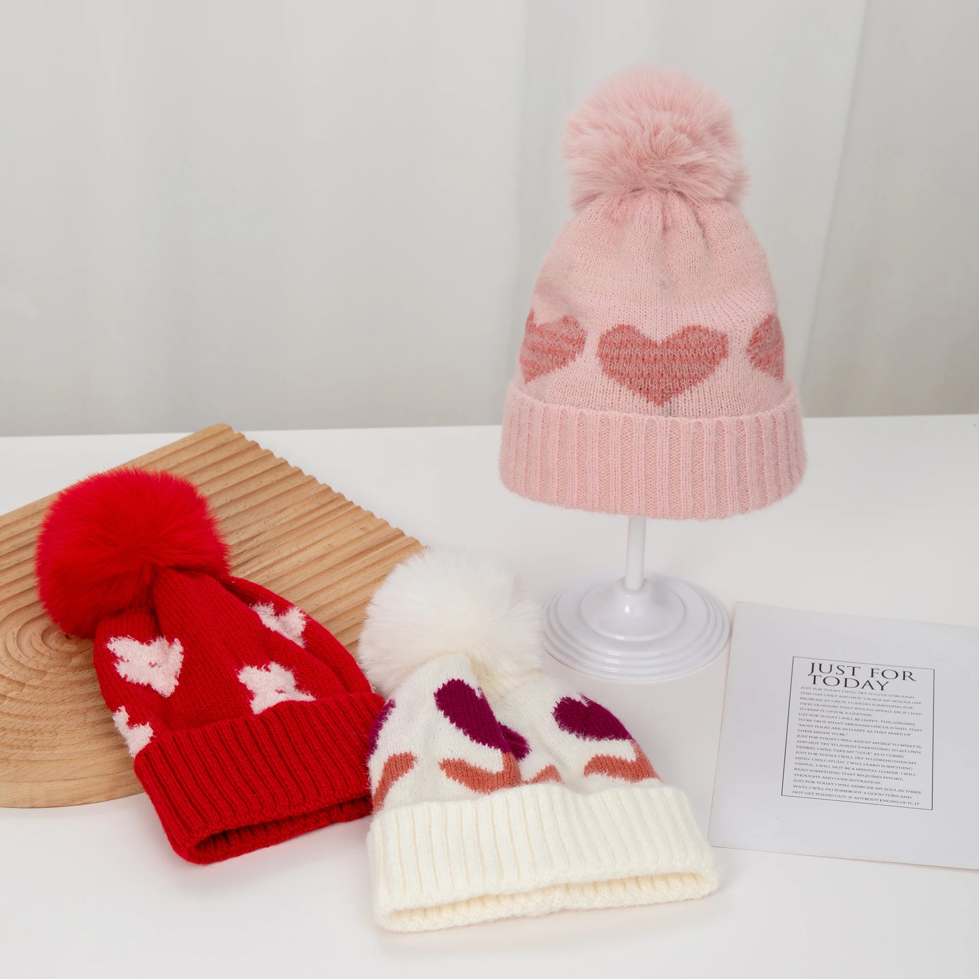 Kids Heart Pattern Pom Pom Beanie — Knitted, Girls 3–6Y