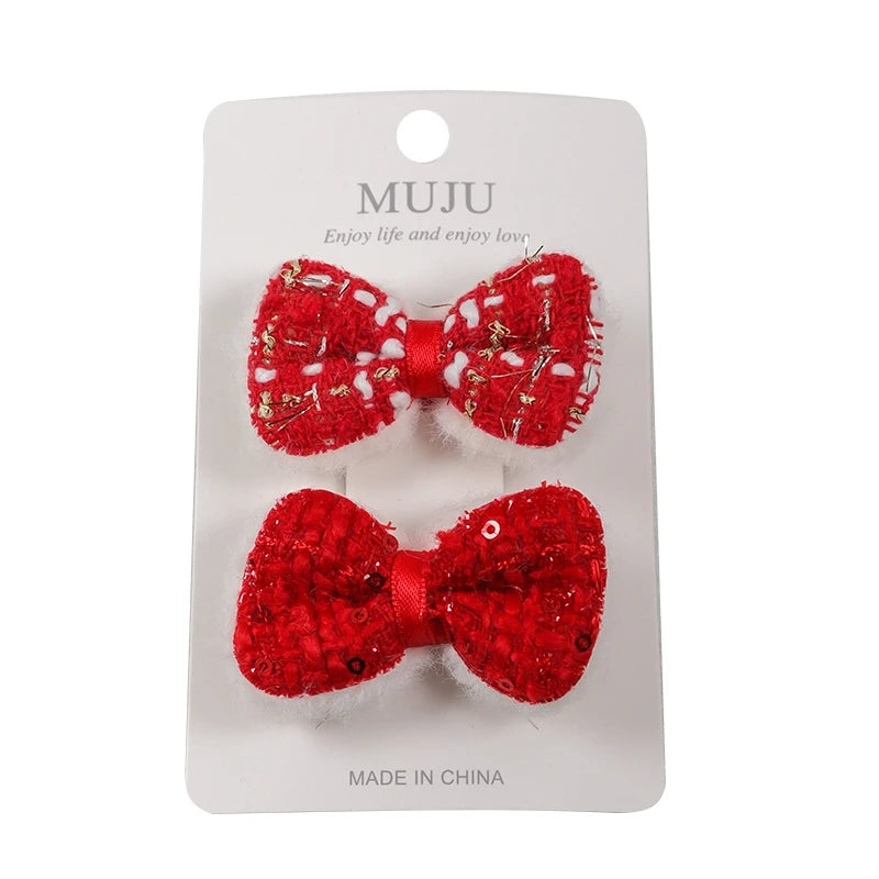Red New Year Bow & Butterfly Hair Clips for Kids – Festive Metal Hairpins (2-Pack)