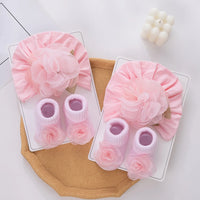 2Pcs/Set Baby Girl Pink Gauze Petal Flowers Turban Beanie with Girl Princess 0-12M Mesh Flower Cotton Socks Set