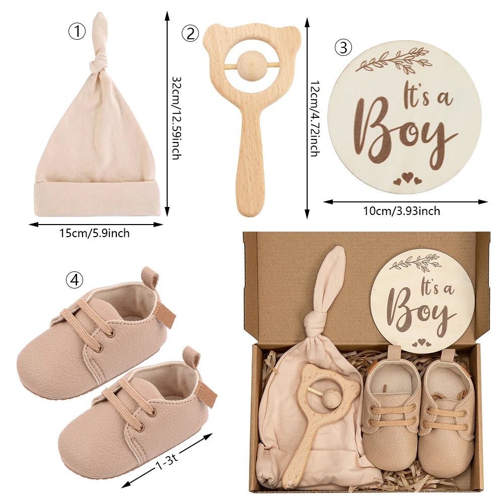4 Pcs/Set Newborn Boys Shoes Beanie Gifts Sets  Beech Wood Rattles Toys Combination Factory Direct Customized