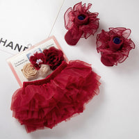 3Pcs Wine Red Super Soft Chiffon Tutu Bloomers with Baby Flower Vintage Headband Socks Set Newborn Photography Props