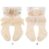 3Pcs/Set Vintage Lace Luxury Flower Headband With Cute Baby Striped Pure Cotton Non-Slip Bows Tube Socks Sets