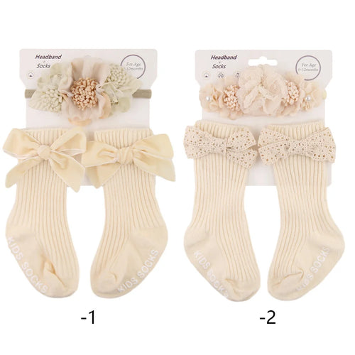 3Pcs/Set Vintage Lace Luxury Flower Headband With Cute Baby Striped Pure Cotton Non-Slip Bows Tube Socks Sets
