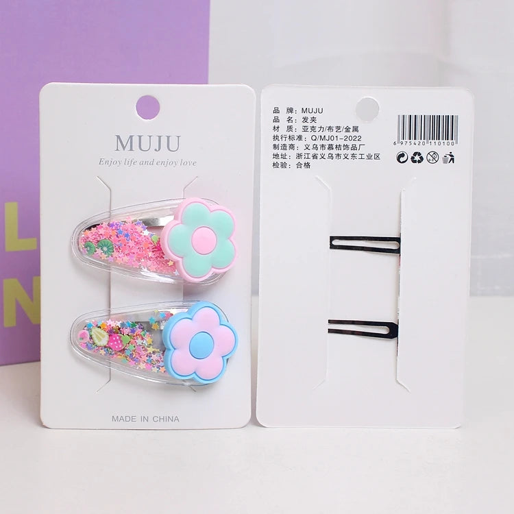 Candy Colour Quicksand Hair Clips for Kids – Transparent Cartoon Bowknot Hairpins (2 Pairs)