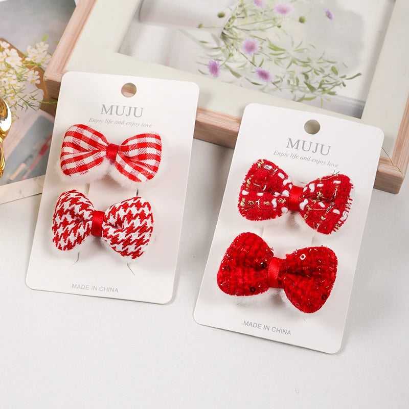 Red New Year Bow & Butterfly Hair Clips for Kids – Festive Metal Hairpins (2-Pack)